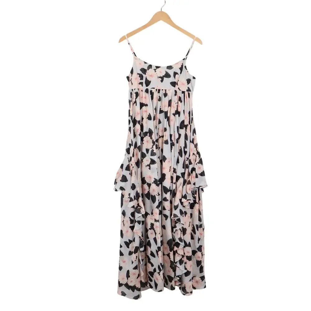 J.Crew Ruffle Maxi Dress Peony Print Oyster Grey Pink Size Small NWT